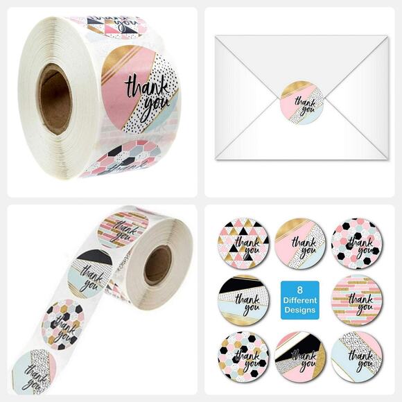 New 500 Piece Roll Self-Adhesive Thank You Stickers - 8 Designs - Picture 2 of 6